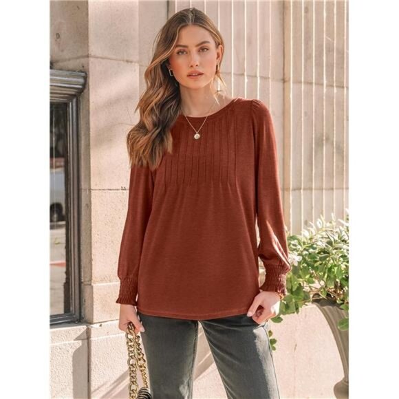 Long Sleeve Shirts Womens Pleated Business Casual Blouses with Smocked - Picture 2 of 16